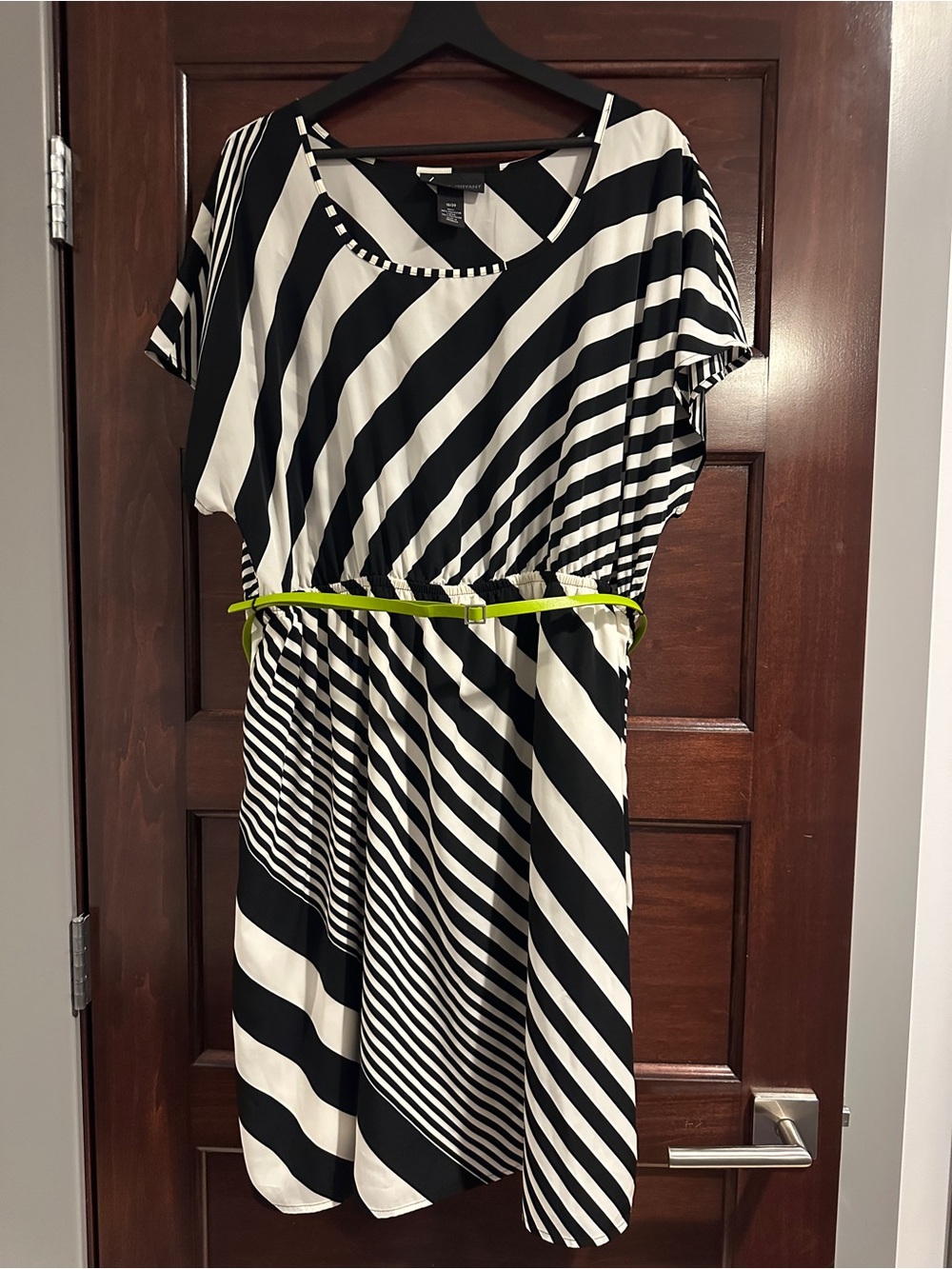 Lane Bryant Black & White Striped Midi Dress with Lime Accent Belt Size 18/20